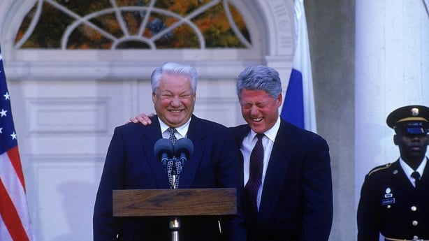 Pres. Bill Clinton bantering w. Boris Yeltsin (L), at mikes in summit briefing during Russian Pres.'s visit for UN 50th anniv. fete, at FDR's estate. (Photo by Diana Walker/Getty Images)
