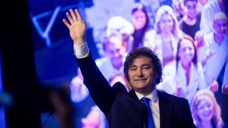 President of Argentina Javier Milei greets supporters following the mid-term elections
