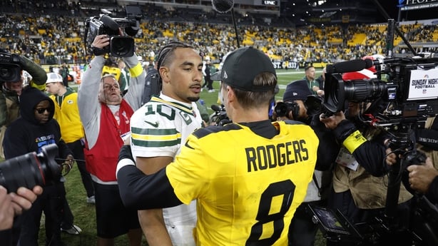 PITTSBURGH, PENNSYLVANIA - OCTOBER 26: (L-R) Jordan Love #10 of the Green Bay Packers greets Aaron Rodgers #8 of the Pittsburgh Steelers following the game at Acrisure Stadium on October 26, 2025 in Pittsburgh, Pennsylvania. (Photo by Justin K. Aller/Getty Images)