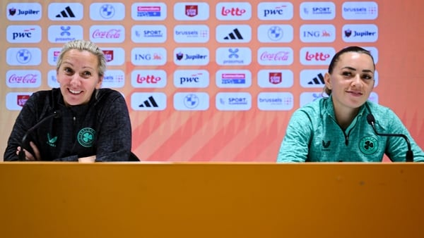 Head coach Carla Ward and Katie McCabe during a Republic of Ireland media conference at The King Power at Den Dreef Stadium in Leuven