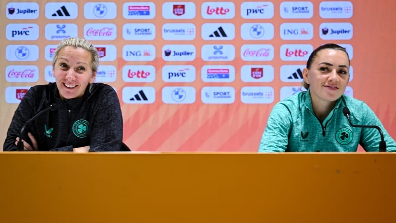 Head coach Carla Ward with Katie McCabe at Den Dreef Stadium in Leuven