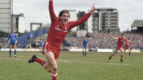 Kenny Dalglish raises his arms in celebration after scoring the winning goal that gives Liverpool the English League Division One Championship title for the 1985/86 season after beating Chelsea Football Club 1-0 on 3 May 1986 at Stamford Bridge in London Kenny Dalglish raises his arms in celebration after scoring the winning goal that gives Liverpool the English League Division One Championship title for the 1985/86 season after beating Chelsea Football Club 1-0 on 3 May 1986 at Stamford Bridge in London
