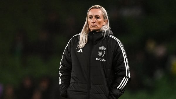 Belgium head coach Elísabet Gunnarsdóttir during the UEFA Women's Nations League A/B promotion/relegation play-off first leg match between Republic of Ireland and Belgium at the Aviva Stadium in Dublin