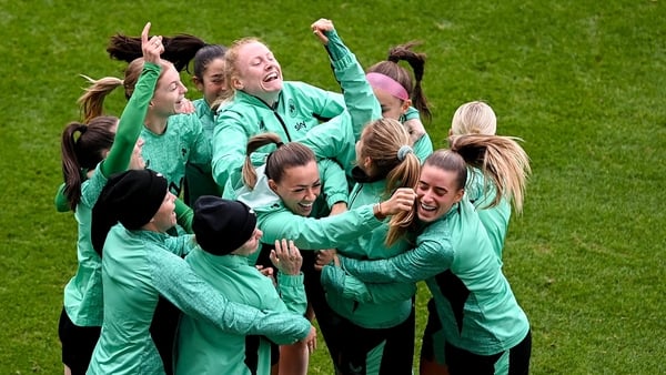Players, including Katie McCabe, Amber Barrett and Chloe Mustaki, celebrate during a Republic of Ireland women training session at The King Power at Den Dreef Stadium in Leuven, Belgium