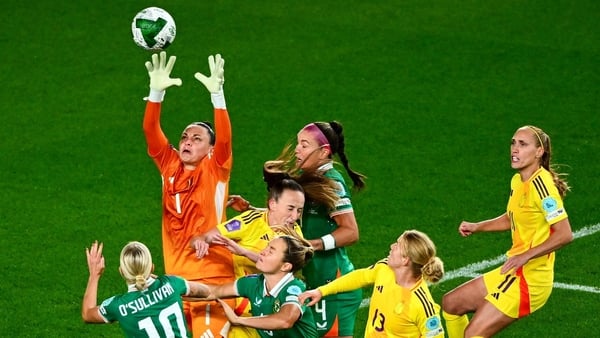 24 October 2025; Belgium goalkeeper Nicky Evrard gathers a ball ahead of Denise O’Sullivan and Ruesha Littlejohn of Republic of Ireland during the UEFA Women's Nations League A/B promotion/relegation play-off first leg match between Republic of Ireland an