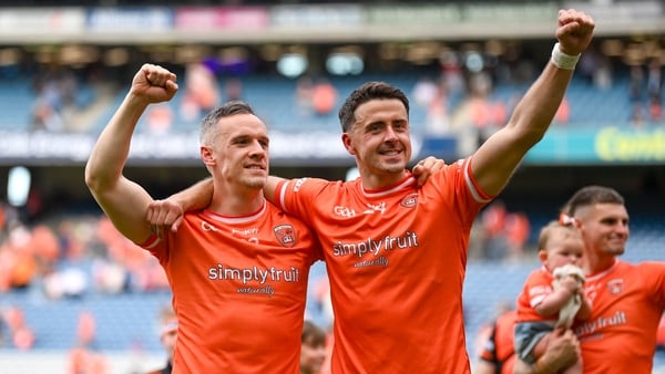 28 July 2024; Mark Shields, left, and Stefan Campbell of Armagh after the GAA Football All-Ireland Senior Championship Final match between Armagh and Galway at Croke Park in Dublin. Photo by Ramsey Cardy/Sportsfile