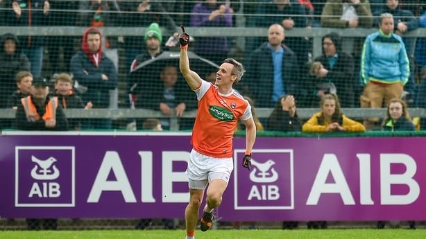 Mark Shields of Armagh celebrates getting his goal during the GAA Football Senior Championship quarter-final match between Down and Armagh at Páirc Esler in Newry. Photo by Philip Fitzpatrick/Sportsfile