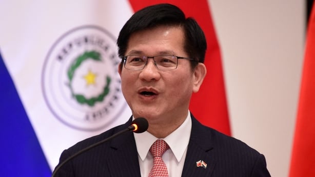 Taiwan's Foreign Minister Lin Chia-lung is pictured delivering a press statement