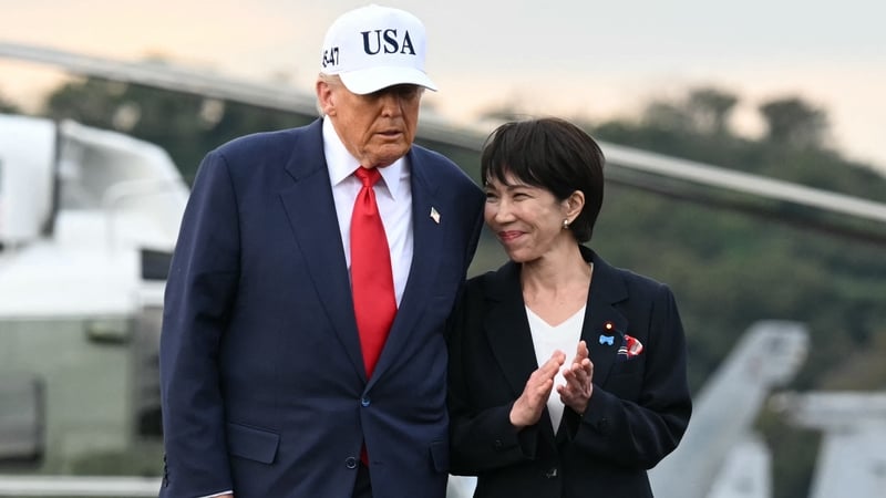 Donald Trump and Sanae Takaichi on board the USS George Washington aircraft carrier, at the Yokosuka naval base near Tokyo