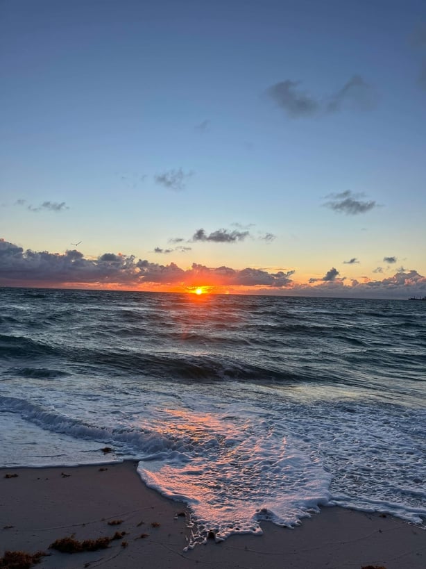 A sandy beach at sunset
