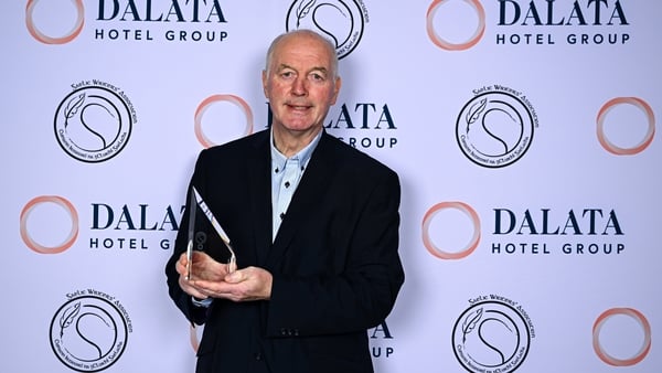 24 October 2025; Larry Tompkins of Cork with his Gaelic Football Hall of Fame award ahead of the Gaelic Writers Association Awards, proudly supported by Dalata Hotel Group at the Clayton Hotel in Ballsbridge, Dublin. Photo by Piaras Ó Mídheach/Sportsfile