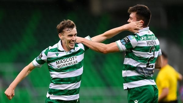 Matt Healy of Shamrock Rovers, left, celebrates with team-mate Josh Honohan after scoring their side's first goal during the SSE Airtricity Men's Premier Division match between Shamrock Rovers and Drogheda United at Tallaght Stadium in Dublin.