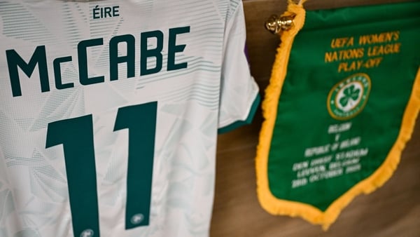 The jersey of Katie McCabe hangs in the Republic of Ireland dressing room before the UEFA Women's Nations League A/B promotion/relegation play-off second leg match between Belgium and Republic of Ireland at The King Power At Den Dreef Stadium in Leuven, B