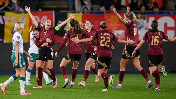 28 October 2025; Tessa Wullaert of Belgium, third from left, celebrates with teammates after scoring their side's second goal during the UEFA Women's Nations League A/B promotion/relegation play-off second leg match between Belgium and Republic of Ireland