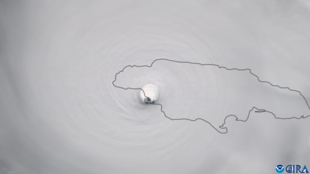 A satellite view shows major Hurricane Melissa makes historic landfall near New Hope, Jamaica October 28, 2025. (Photo by CSU/CIRA & NOAA/Anadolu via Getty Images)