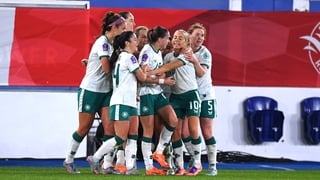 28 October 2025; Abbie Larkin of Republic of Ireland, centre, celebrates with teammates after scoring her side's first goal during the UEFA Women's Nations League A/B promotion/relegation play-off second leg match between Belgium and Republic of Ireland a