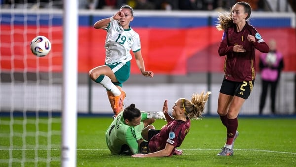 28 October 2025; Abbie Larkin of Republic of Ireland scores her side's first goal during the UEFA Women's Nations League A/B promotion/relegation play-off second leg match between Belgium and Republic of Ireland at The King Power At Den Dreef Stadium in L 28 October 2025; Abbie Larkin of Republic of Ireland scores her side's first goal during the UEFA Women's Nations League A/B promotion/relegation play-off second leg match between Belgium and Republic of Ireland at The King Power At Den Dreef Stadium in L