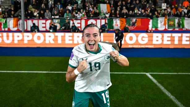 28 October 2025; Abbie Larkin of Republic of Ireland celebrates after the UEFA Women's Nations League A/B promotion/relegation play-off second leg match between Belgium and Republic of Ireland at The King Power At Den Dreef Stadium in Leuven, Belgium. Photo by Stephen McCarthy/Sportsfile