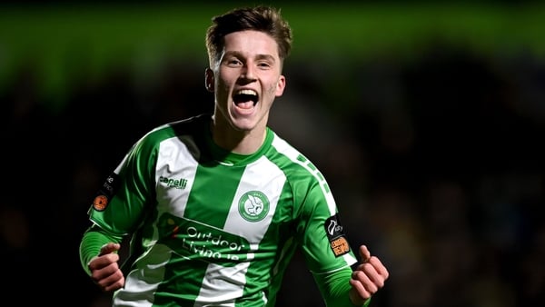 28 October 2025; Richard Ferizaj of Bray Wanderers celebrates after scoring his side's third goal during the SSE Airtricity Men's First Division Play-Off semi-final second leg match between Bray Wanderers and UCD at Carlisle Grounds in Bray, Wicklow. Phot