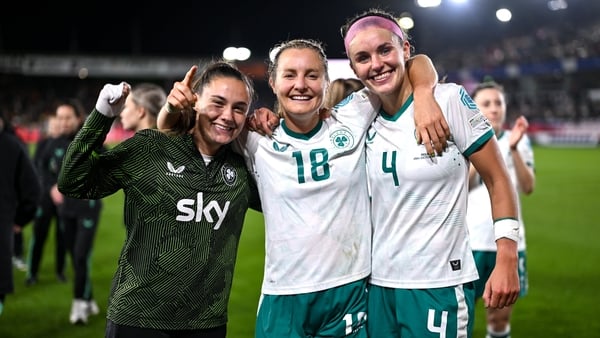 28 October 2025; Republic of Ireland players, from left, Jess Ziu, Kyra Carusa and Caitlin Hayes celebrate after the UEFA Women's Nations League A/B promotion/relegation play-off second leg match between Belgium and Republic of Ireland at The King Power A