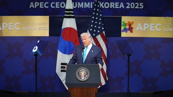 President Donald J Trump gives a special address speech during the APEC 2025 CEO Summit