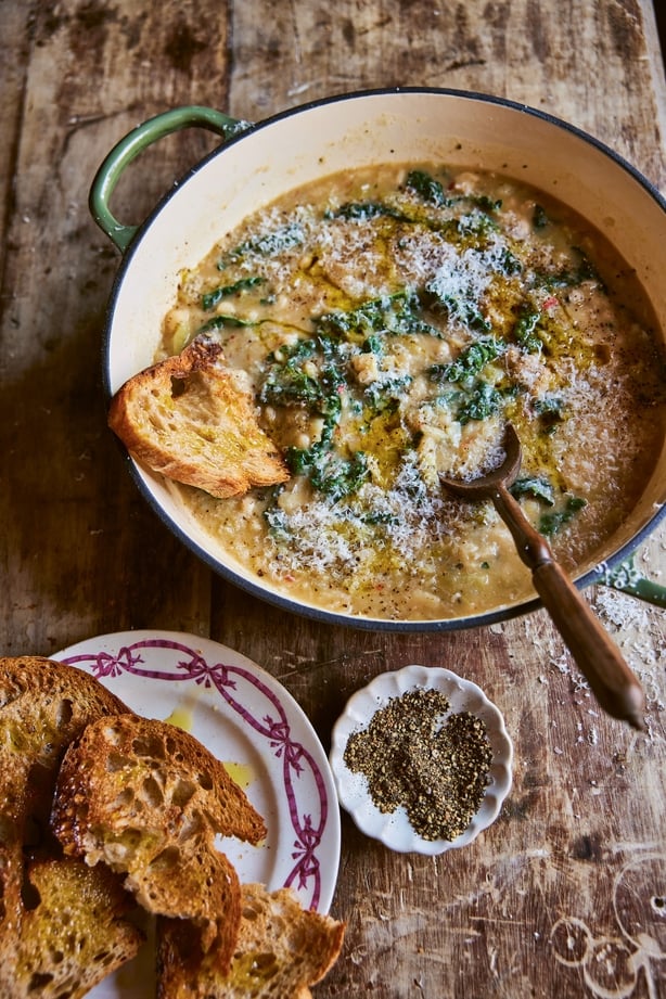 A photo of Clodagh McKenna's white beans with winter greens. 