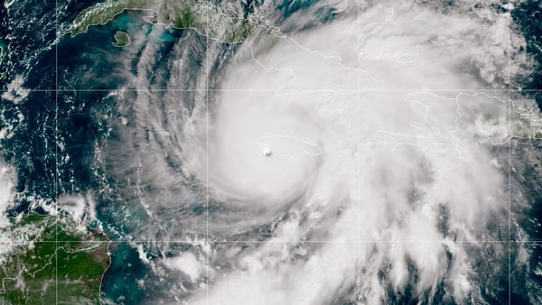 In this handout satellite image provided by the National Oceanic and Atmospheric Administration, Hurricane Melissa churns through the Caribbean Sea