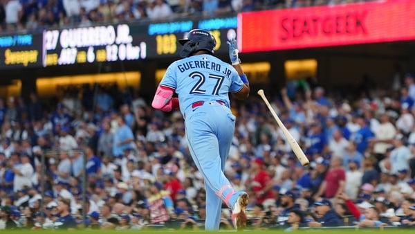LOS ANGELES, CA - OCTOBER 28: Vladimir Guerrero Jr. #27 of the Toronto Blue Jays looks on after hitting a two-run home run in the third inning during Game Four of the 2025 World Series presented by Capital One between the Toronto Blue Jays and the Los Ang