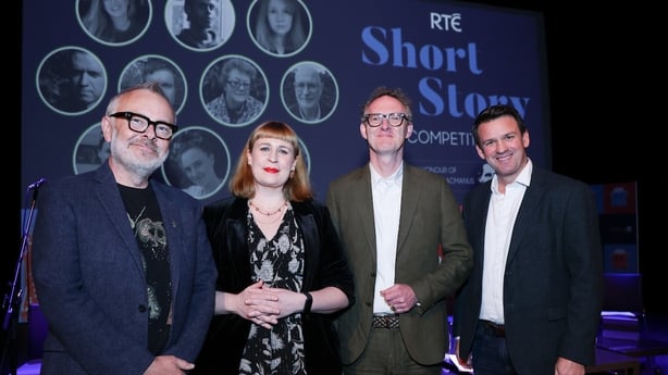 Arena presenter Rick O'Shea with 2025 RTÉ Short Story Competition judges Jan Carson, Neil Hegarty and Tristan Rosenstock, on stage at the awards night at the Pavilion Theatre Dun Laoghaire, Oct 2025