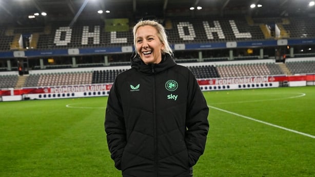 Republic of Ireland head coach Carla Ward before the UEFA Women's Nations League A/B promotion/relegation play-off second leg match between Belgium and Republic of Ireland at The King Power At Den Dreef Stadium in Leuven, Belgium
