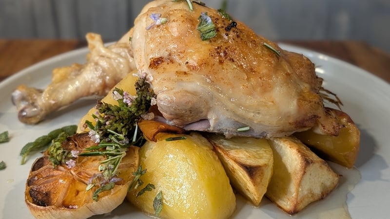 Eunice Power's chicken tray bake with apples, potatoes, parsnips, garlic and thyme with honey mustard sauce
