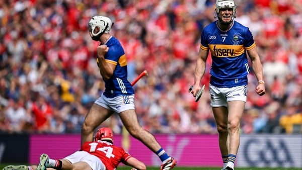 20 July 2025; Bryan O'Mara of Tipperary celebrates his side winning a free during the GAA Hurling All-Ireland Senior Championship final match between Cork and Tipperary at Croke Park in Dublin. Photo by Seb Daly/Sportsfile