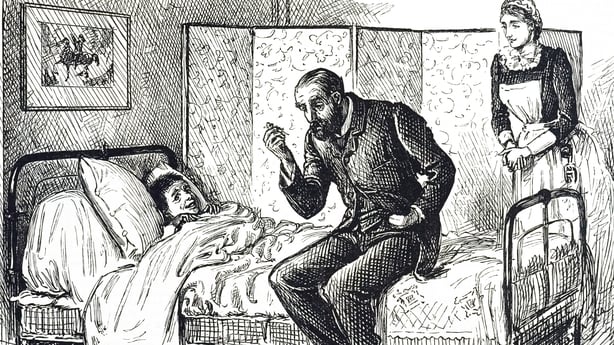 An engraving depicting a doctor taking a boys temperature. Illustrated by George du Maurier (1834-1896) a Franco-British cartoonist and author. Dated 19th century. (Photo by: Universal History Archive/Universal Images Group via Getty Images)