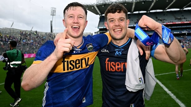 20 July 2025; Tipperary players Jake Morris, left, and goalkeeper Barry Hogan after their side's victory in the GAA Hurling All-Ireland Senior Championship final match between Cork and Tipperary at Croke Park in Dublin. Photo by Seb Daly/Sportsfile
