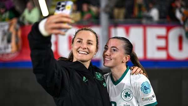 Kyra Carusa, left, and Abbie Larkin of Republic of Ireland after the UEFA Women's Nations League A/B promotion/relegation play-off second leg match between Belgium and Republic of Ireland at The King Power At Den Dreef Stadium in Leuven, Belgium
