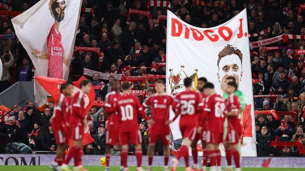 LIVERPOOL, ENGLAND - OCTOBER 29: Liverpool fans display a banner in tribute to the late Diogo Jota as the team prepares for kick off prior to the Carabao Cup Fourth Round match between Liverpool and Crystal Palace at Anfield on October 29, 2025 in Liverpool, England. (Photo by Molly Darlington/Getty