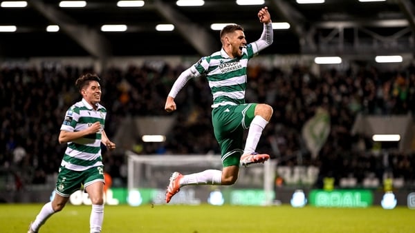 29 October 2025; Dylan Watts of Shamrock Rovers celebrates scoring his side's first goal during the SSE Airtricity Men's Premier Division match between Shamrock Rovers and Galway United at Tallaght Stadium in Dublin. Photo by Stephen McCarthy/Sportsfile