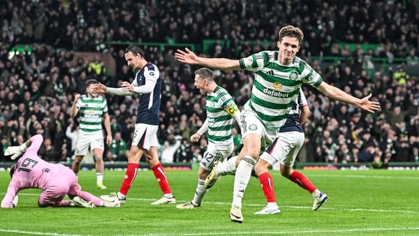 GLASGOW, SCOTLAND - OCTOBER 29: Celtic's Johnny Kenny celebrates as he scores to make it 1-0 during a William Hill Premiership match between Celtic and Falkirk at Celtic Park, on October 29, 2025, in Glasgow, Scotland. (Photo by Paul Devlin/SNS Group via