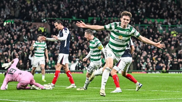 GLASGOW, SCOTLAND - OCTOBER 29: Celtic's Johnny Kenny celebrates as he scores to make it 1-0 during a William Hill Premiership match between Celtic and Falkirk at Celtic Park, on October 29, 2025, in Glasgow, Scotland. (Photo by Paul Devlin/SNS Group via Getty Images)