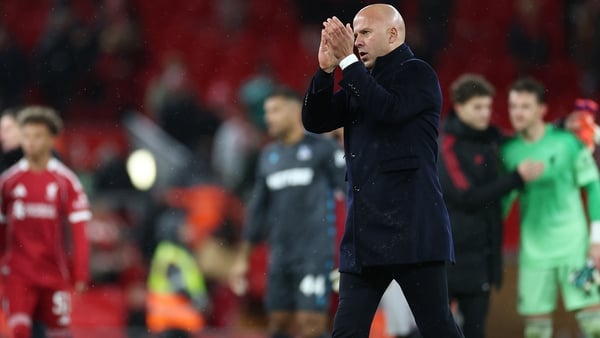LIVERPOOL, ENGLAND - OCTOBER 29: Arne Slot, Manager of Liverpool, applauds the fans following the team's defeat during the Carabao Cup Fourth Round match between Liverpool and Crystal Palace at Anfield on October 29, 2025 in Liverpool, England. (Photo by