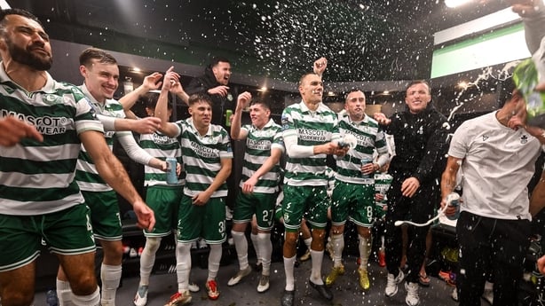 29 October 2025; Shamrock Rovers players celebrate winning the SSE Airtricity Men's Premier Division title after the SSE Airtricity Men's Premier Division match between Shamrock Rovers and Galway United at Tallaght Stadium in Dublin. Photo by Stephen McCarthy/Sportsfile