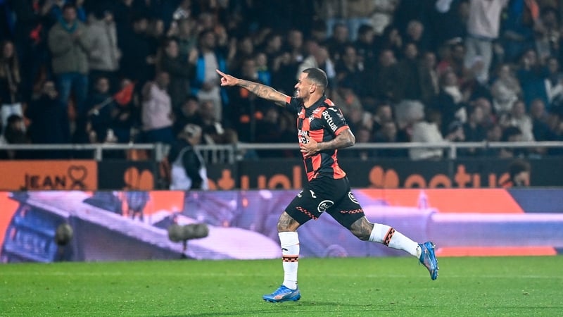 Igor Silva celebrates his equaliser for Lorient against Paris St Germain
