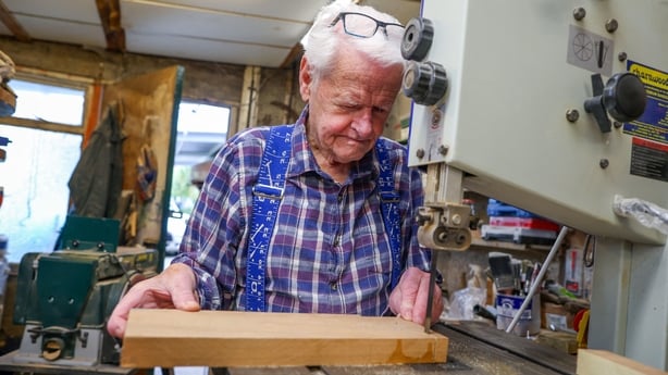 89 year old Harp maker Noel Anderson works in his home workshop in Strabane