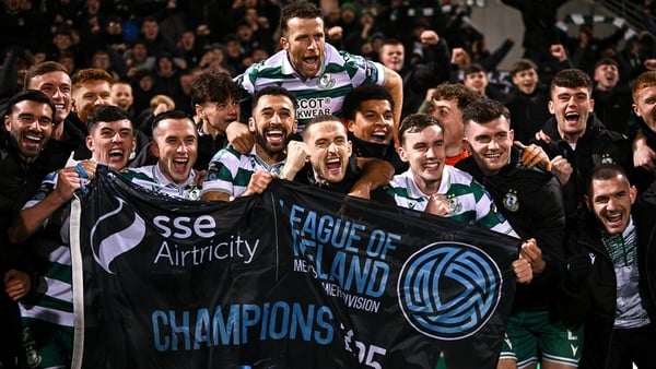 Shamrock Rovers players celebrate winning the league title after victory over Galway United