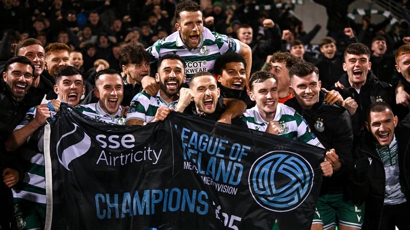 Shamrock Rovers players celebrate winning the league title after victory over Galway United