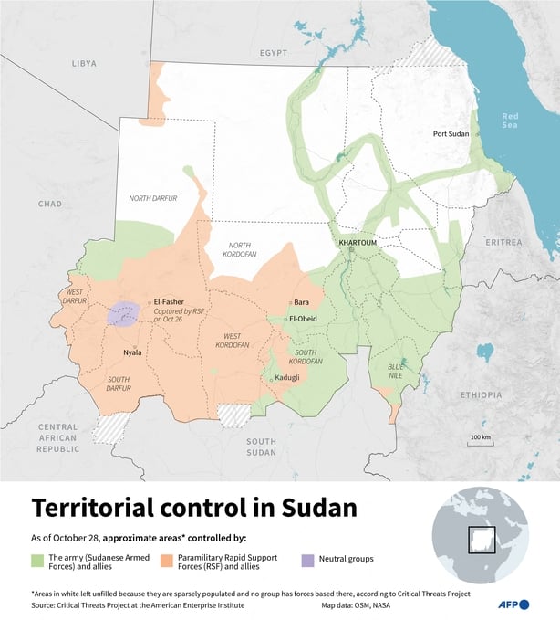Infographic with a map showing areas controlled by the army, the Rapid Support Forces and neutral groups in Sudan as of October 28