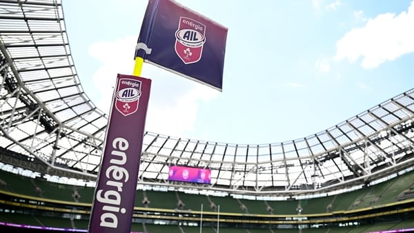 28 April 2024; A general view of an Energia All-Ireland League branded sideline flag before the Energia All-Ireland League Women's Division 1 final match between UL Bohemian and Railway Union at the Aviva Stadium in Dublin. Photo by Seb Daly/Sportsfile 28 April 2024; A general view of an Energia All-Ireland League branded sideline flag before the Energia All-Ireland League Women's Division 1 final match between UL Bohemian and Railway Union at the Aviva Stadium in Dublin. Photo by Seb Daly/Sportsfile