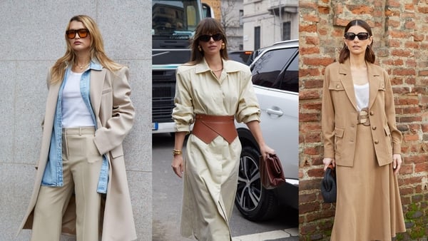 A collage of three women wearing outfits in a neutral colour palette