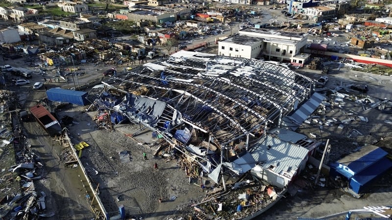 An aerial view shows destroyed buildings following the passage of Hurricane Melissa in Black River, St Elizabeth, Jamaica