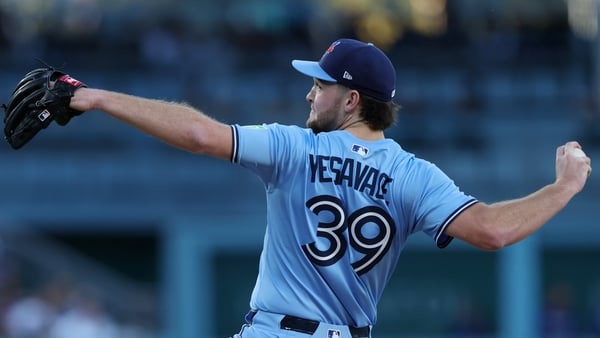 Los Angeles, CA, October, 29, 2025: Toronto Blue Jays pitcher Trey Yesavage (39) pitches during the first inning of Game five of the World Series between the Los Angeles Dodgers and the Toronto Blue Jays at Dodger Stadium on Wednesday, October 29, 2025 in